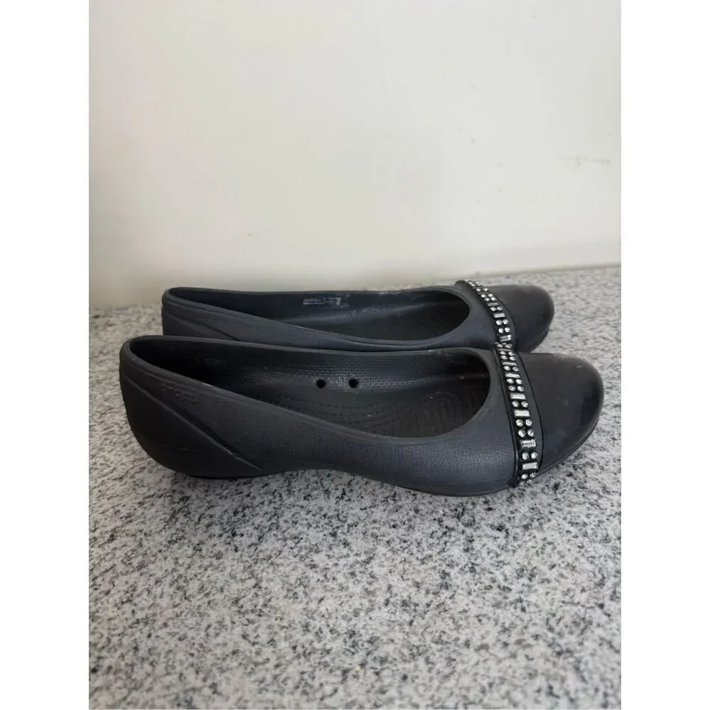 Crocs Womens Shoes 6 Solid Black Rhinestone Detail Closed Toe Slip On Ballet Fla